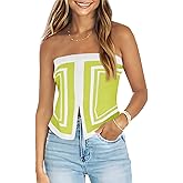 Saodimallsu Womens Strapless Crop Tube Tops Sexy Sleeveless Knit Summer Trendy Color Block Asymmetrical Y2k Bandeau Top
