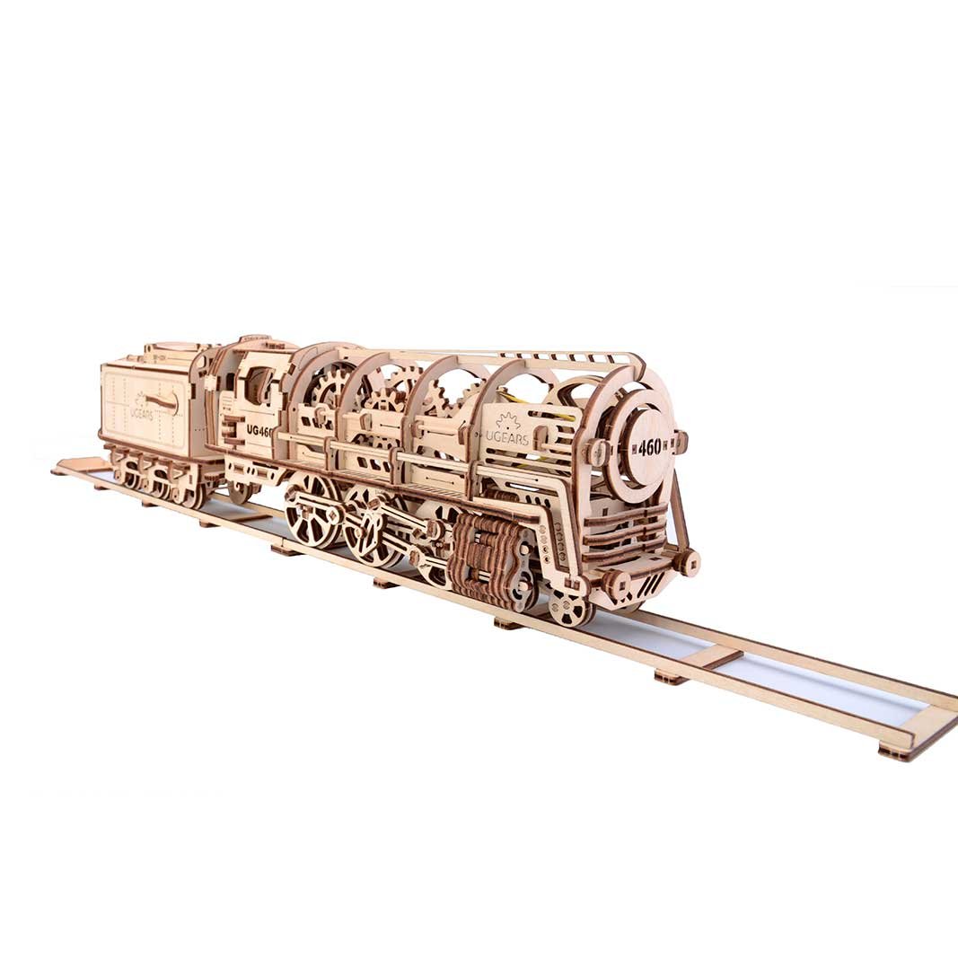 Steam Locomotive with Tender Mechanical Construction Kit by Ugears – Self-Propelled Modular Mechanical Model - 3D Wooden Puzzle for Self-Assembly Without Glue - Brainteaser for Kids, Teens and Adults