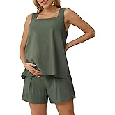 Maacie Maternity 2 Pieces Outfits Summer Linen Shorts Sets Tank Tops Wide Legs Shorts with Pockets
