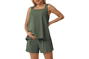 Maacie Maternity 2 Pieces Outfits Summer Linen Shorts Sets Tank Tops Wide Legs Shorts with Pockets
