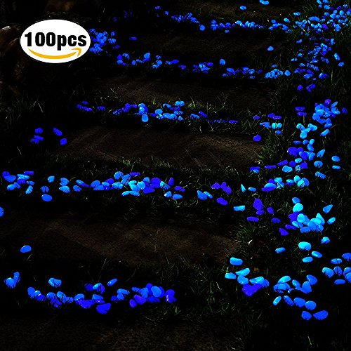 100 Pcs Glow in the Dark Garden Pebbles, Cozzine Garden Decor Glowing Stones Luminous Rocks for Outdoor Walkway Driveway, Fish Tank Aquatium Glow Decorations in Blue