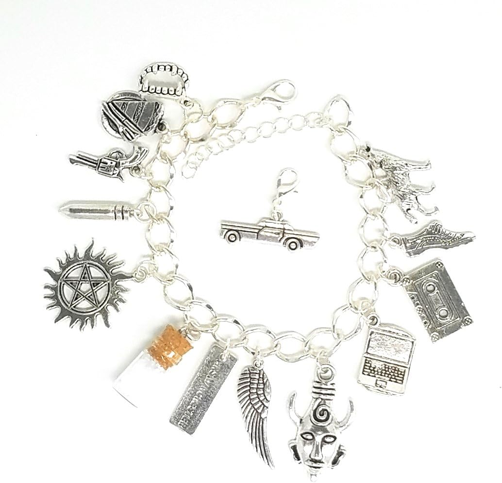 Supernatural Charm Bracelet, Deans Amulet, Mrs. Winchester, Bullet, Colt, Vampire Teeth, Anti-possession Devil's Trap Symbol, Salt Bottle, Werewolf, Angel Wing and more. PLUS an Impala Charm!