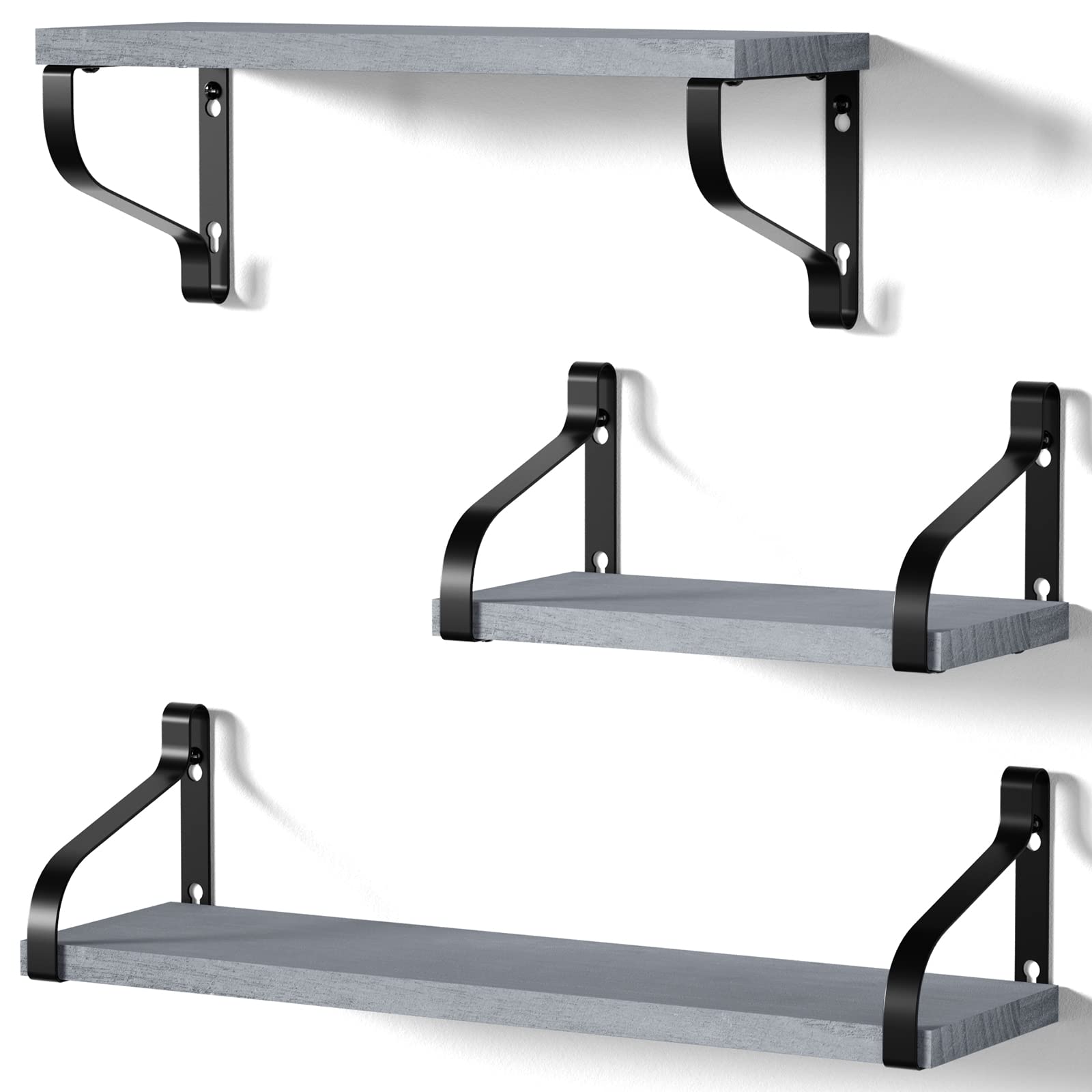 Love-KANKEI Rustic Shelves, Decorative Wall Shelf Set of 3, Floating Shelves for Bathroom, Bedroom, Living Room,Kitchen, Office and More, Weathered Grey