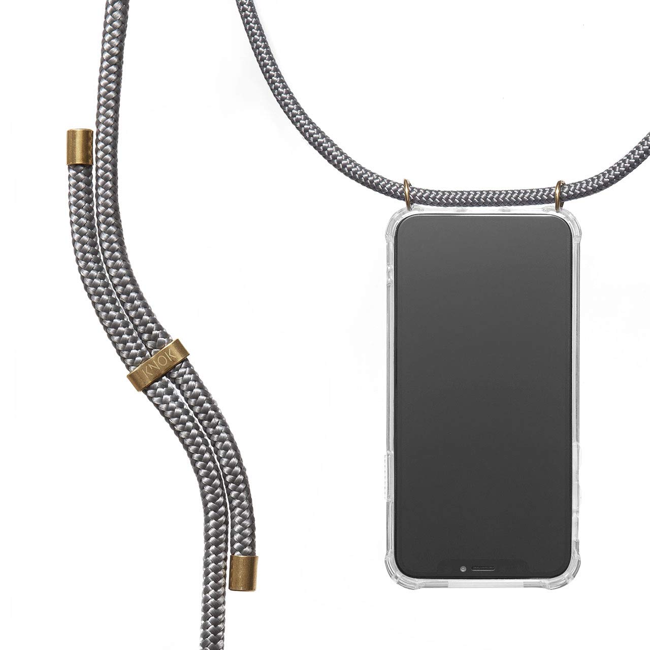 KNOK Mobile Phone Chain Compatible with Apple iPhone 14 Plus, Silicone Case with Strap, Mobile Phone Case for Smartphone for Hanging, Transparent Case with Cord, Protective Case with Cord in Grey