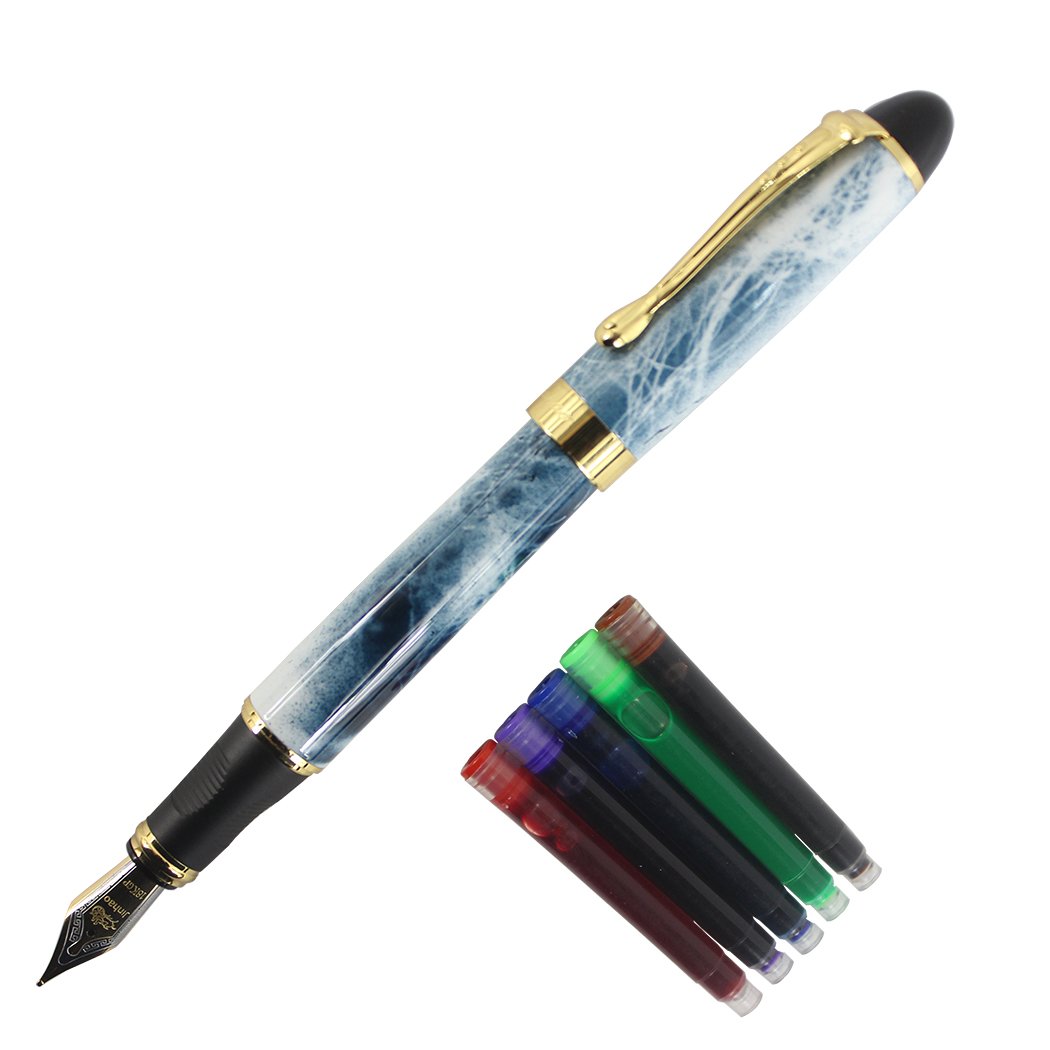 Gullor Extra Fine Nib Smooth Fountain Pen 450 Original Pen Pouch and Ink Cartridge Set - Blue Marble