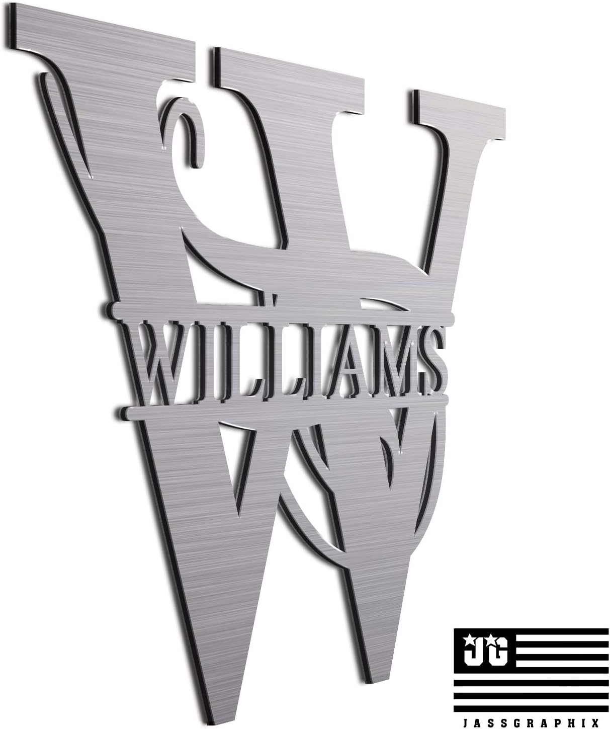 JASS GRAPHIX Williams 12" Brushed Aluminum Monogrammed Sign Door Wall Decor Last Name Signs for Home