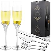 VARLKA Wedding Cake Knife and Server Set, Heart Shaped Mr and Mrs Champagne Flutes with Cake Cutting Set for Wedding Bridal Shower Gifts (Silver)
