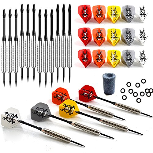 Professional Steel Tip Darts Set 22 grams -12 Pcs Stainless Needle Tipped Dart For Dartboard, Black Aluminum Shaftsï¼ŒDeer Flights (Red Orange Yellow), Nickel Silver Metal Barrels and Dart Sharpener