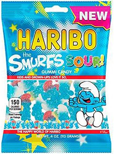 Product Of Haribo, Peg Bag Sour Smurfs Gumi, Count 12 (4 oz) - Sugar Candy / Grab Varieties & Flavors