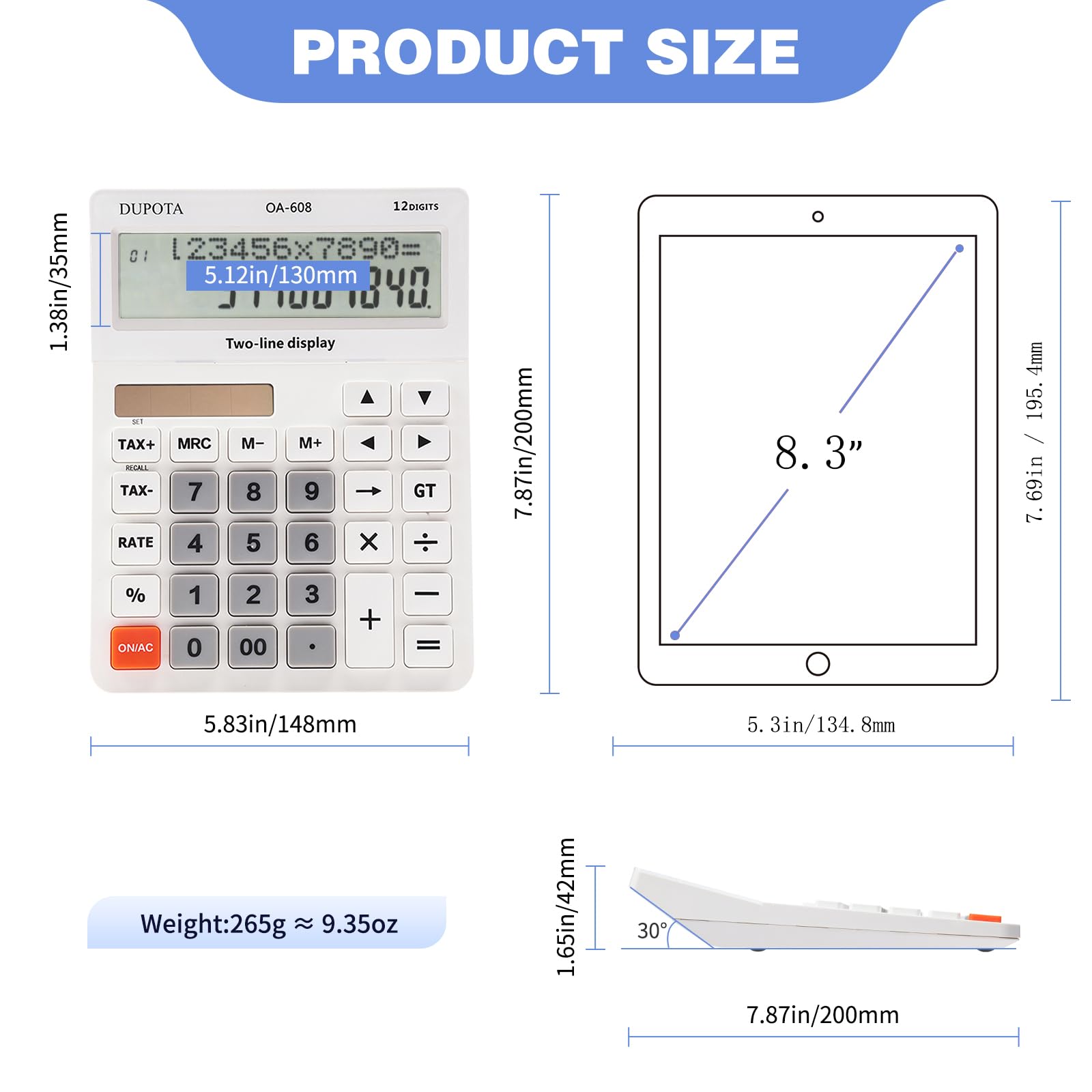 DUPOTA Taschenrechner Tischrechner Große Tasten 2 zeilig Extra Großes Display 12-stelliger Tischrechner Bürorechner Steuerberechnung Große Größe (OA-608) 6