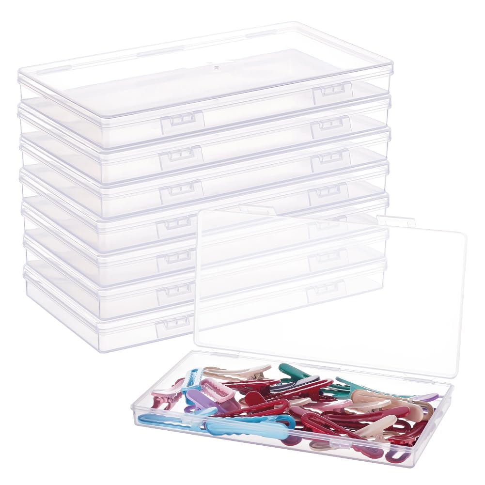 BENECREAT 8 Pack 16.5x9x1.6cm Rectangle Clear Plastic Bead Storage Containers Box with Hinged Lids for Paint Brushes, Pencil, Vinyl Tools, and Other Craft Accessories