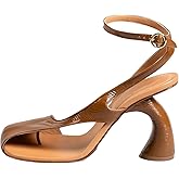 Vertundy Women's Flip Flop Heels High Heeled Sandals Leather Chunky Square Toe Adjustable Ankle Strap Buckle Dress Fashion Thong Brown Sandals