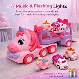 JQLM 5-in-1 Unicorn Truck Toy for Girls Pink Carrier Car with Music Lights view 3