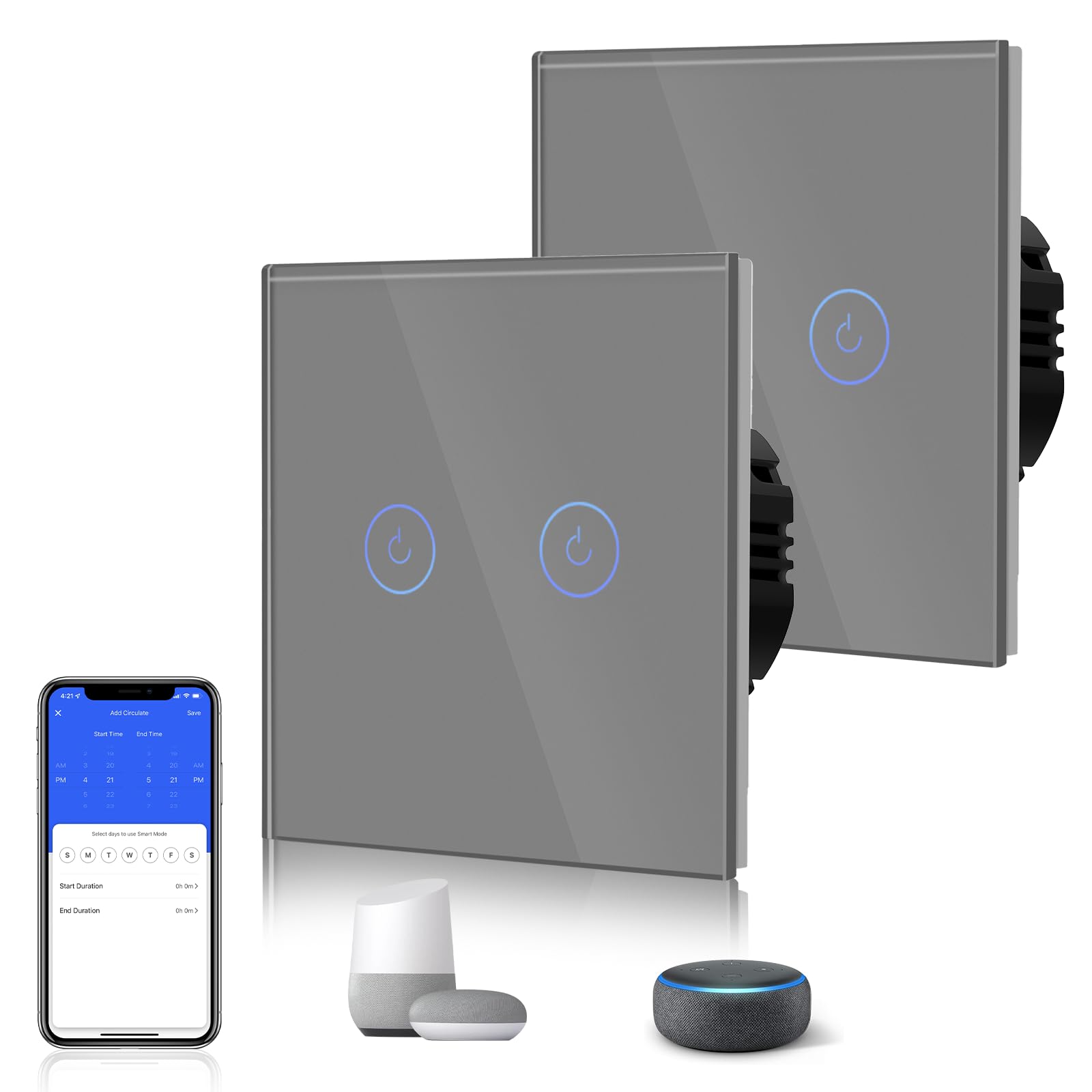 BSEED Smart Light Switch,Touch Switches for Lights,Glass Panel with Backlit,Works with Alexa & Google Assistant,Neutral Wire Required,2 Gang 2 Way(2 Pack),86mm Grey — image 1