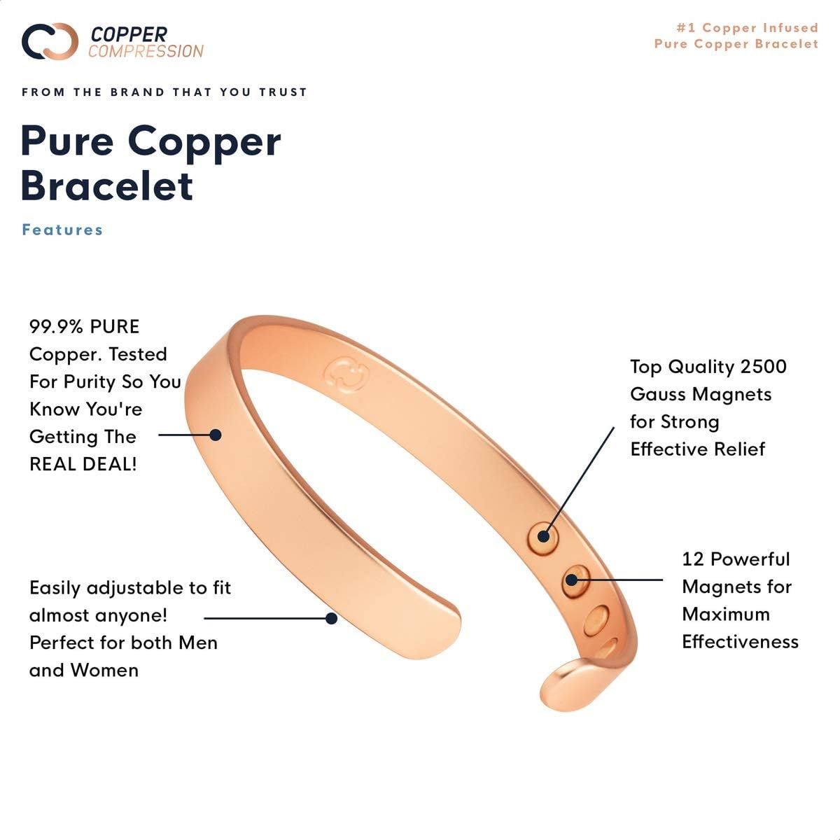 Copper Compression Pure Copper Bracelet for Arthritis - 99.9% Pure Copper Magnetic Therapy 12 Magnet Bangle Bracelet for Men + Women. Therapeutic Golf Bracelets, Carpal Tunnel, RSI Joint Pain: Health & Personal Care