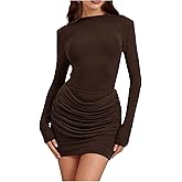 GORGLITTER Women's Ruched Bodycon Mini Dresses Formal Long Sleeve Crew Neck Birthday Party Cocktail Night Out Dress