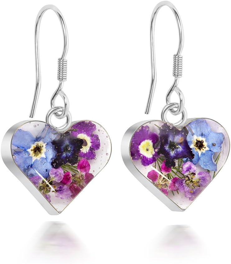 Natural Flower JewellerySterling Silver Heart Drop Earrings Made With Real Flowers Purple Mix …