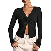 Verdusa Women's Twist Front Long Sleeve Shirts Deep V Neck Fitted Crop Tee Y2K Going Out Tops