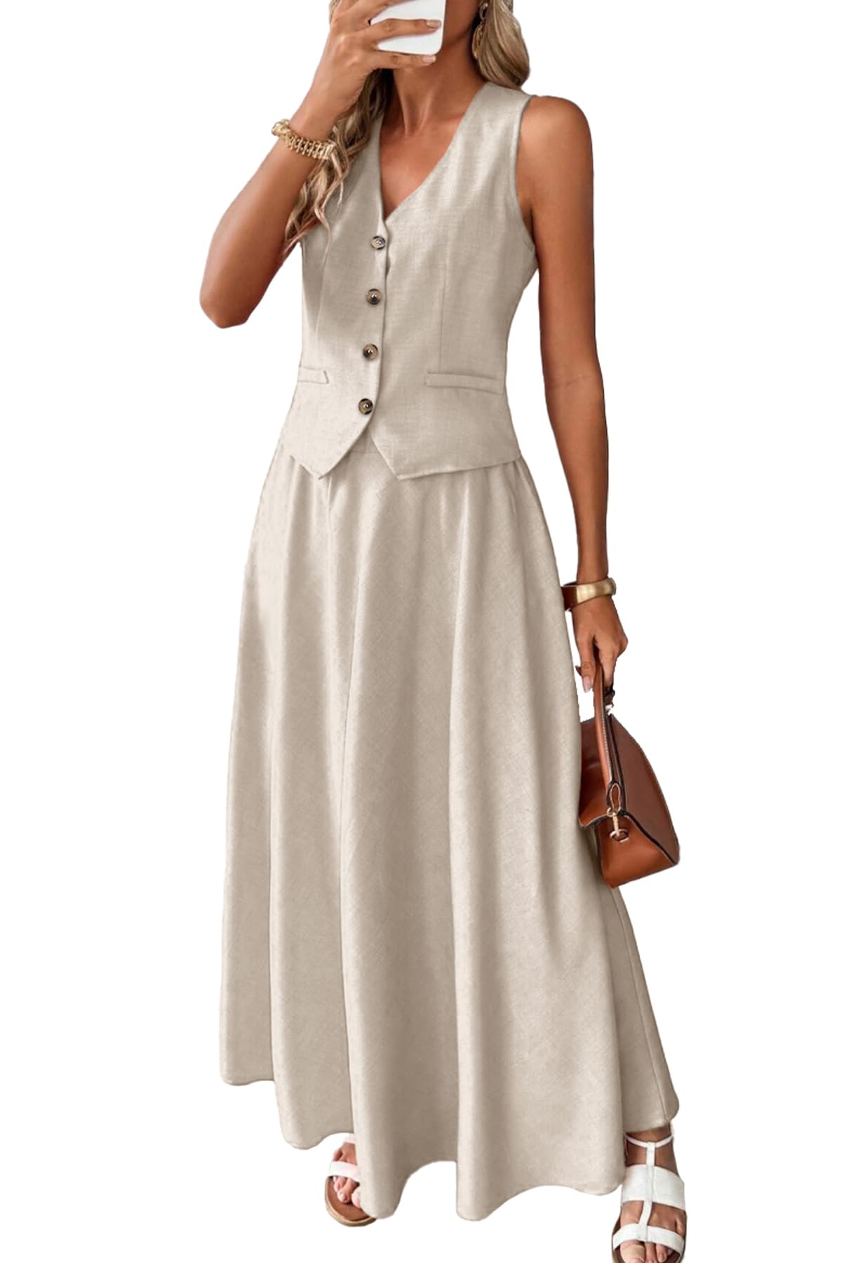 Photo 1 of ELLEVEN Linen Sets for Women 2 Piece Skirt Outfits Summer Two Piece Vest Sets Going Out Maxi A-line Long Flowy Skirt Sleeveless Tank Top Casual Matching Dress Set Spring Vacation Apricot Medium
