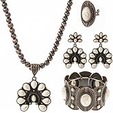 4 Pack Boho Vintage Turquoise Jewelry for Women, Bohemian Western Jewelry Set with Vintage Turquoise Necklace Dangle Earrings Stretchable Bracelet Ring, Country Cowgirl Accessories for Gift