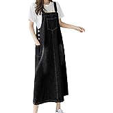 ebossy Women's Patchwork Denim Bib Overall Casual Button Jean Maxi Long Pinafore Dress With Pocket