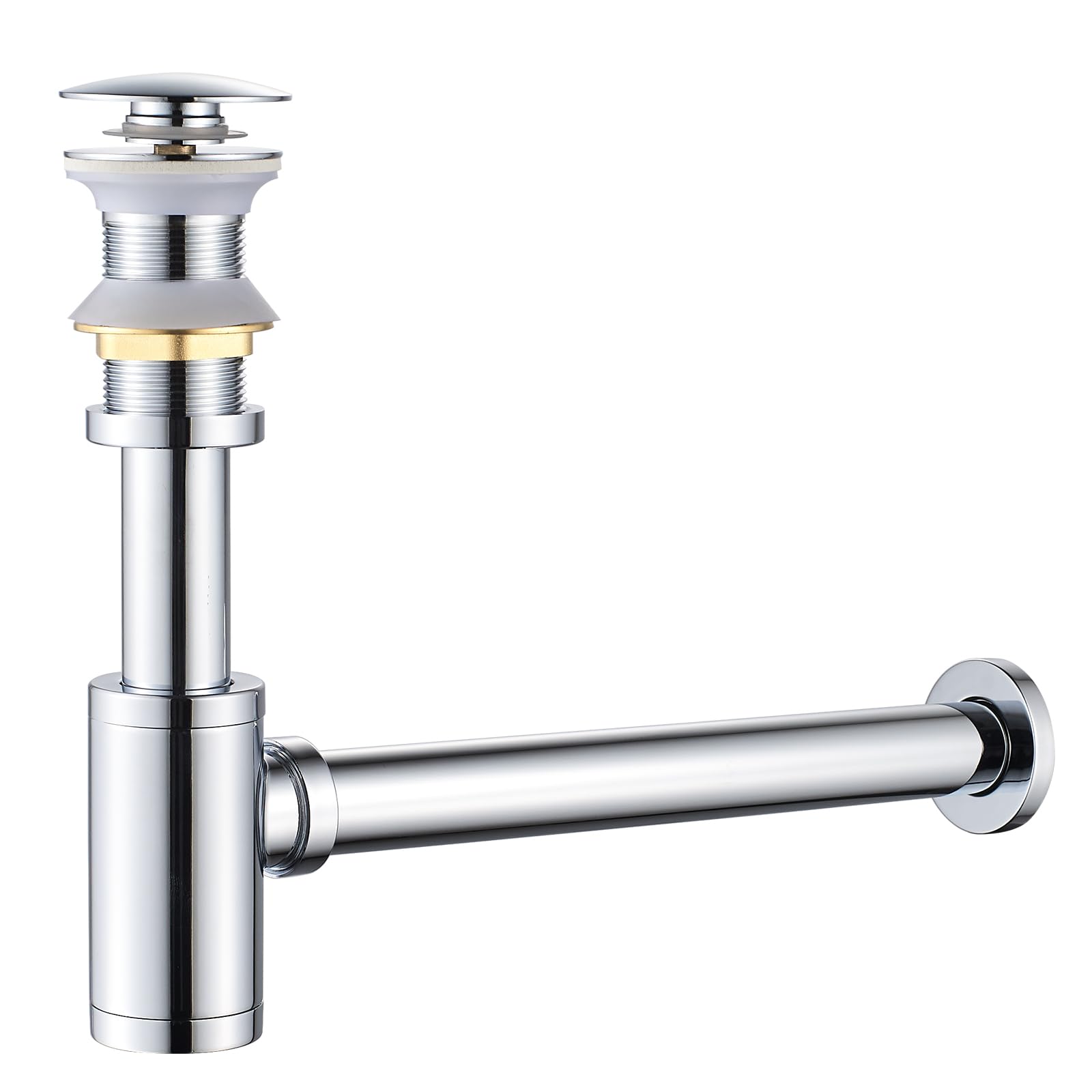 KINKIBOS Brass Bottle Trap and Unslotted Basin Waste, G1 1/4 Brass Basin Waste Bottle Trap Set Height Adjustable P Trap Waste Odour Traps Plumbing Drain Pop-up Drain, Chrome