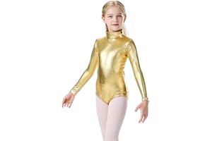 OVIGILY Girls Metallic Leotard Kids Long Sleeve High Neck Unitard Bodysuit for Gymnastics, Dance, Performances, Costumes