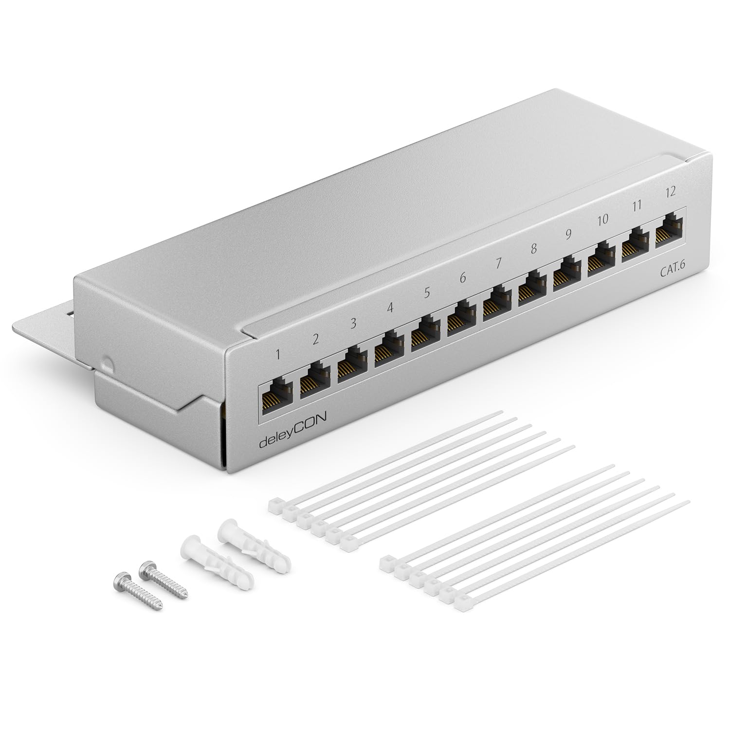 deleyCON CAT6 Network Panel 12-Port Patch Panel Distributor Field Desktop & Wall Mounting Shielded 12x RJ45 Ports TIA568A TIA568B - Light Gray