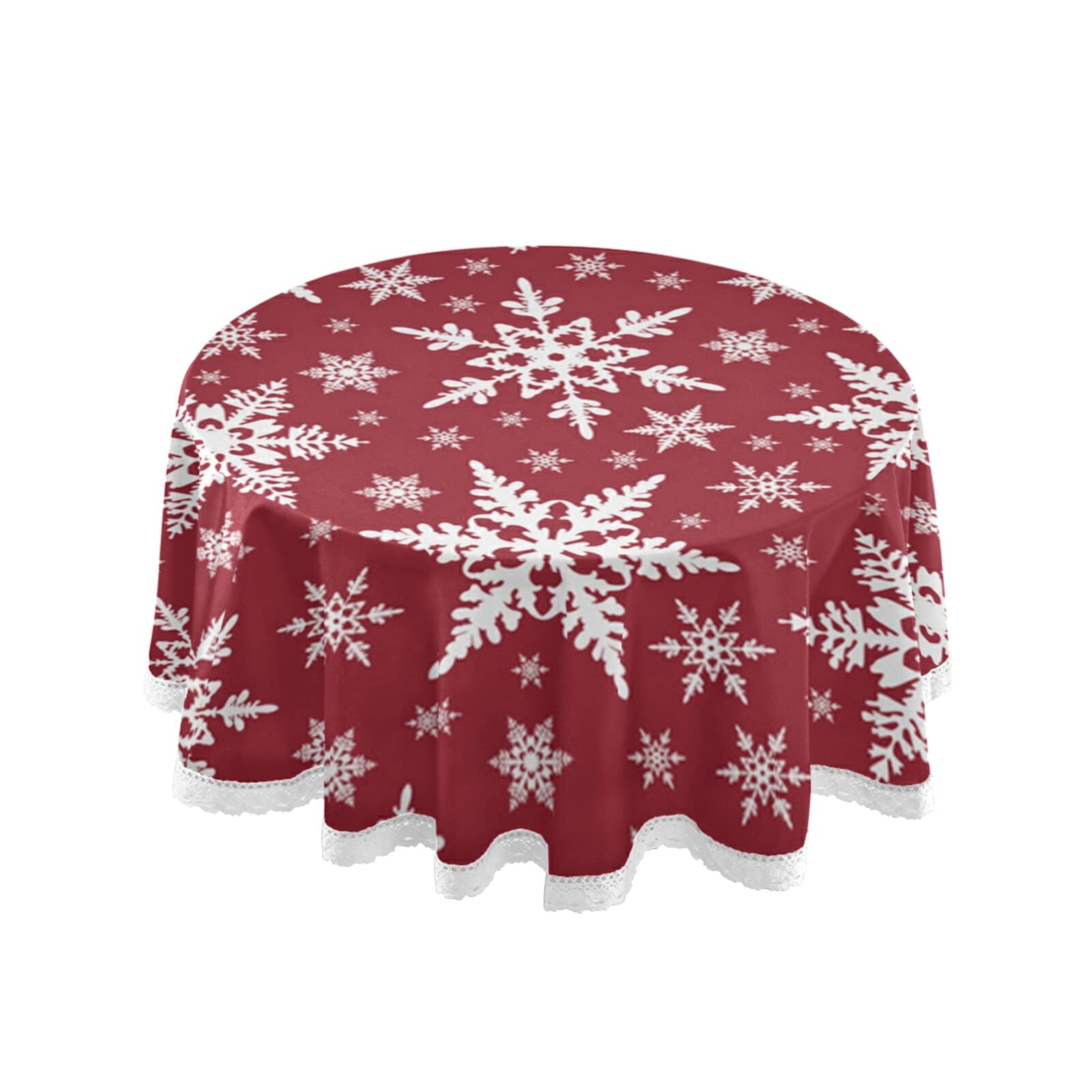 Mnsruu Christmas White Snowflake Round Tablecloths Washable Polyester Lace Trim Table Cover 60 Inch for Kitchen Dinning Tabletop Wedding Party Home Decor