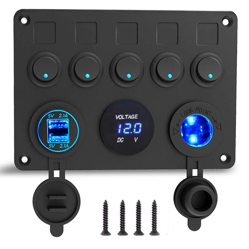IP65 Waterproof 12V/24V Toggle Switch Panel, Dual USB Charger Port 4.2A + Lighter Socket + Digital Voltmeter Display, Car Rocker Switches for Boat Car RV Vehicles Truck Circuit Control