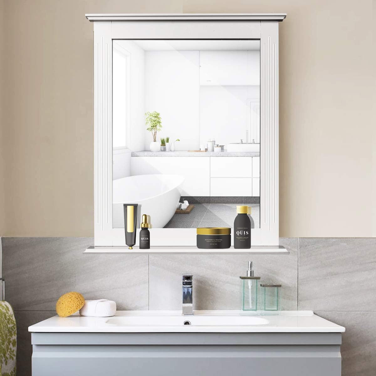 Tangkula Bathroom Wall Mirror with Shelf, Square Makeup Mirror Wall Hanging Mirror, Vanity Mirror for Dressing Room Washroom Bedroom, Modern Concise Wall Mounted Mirror (White): Furniture & Decor