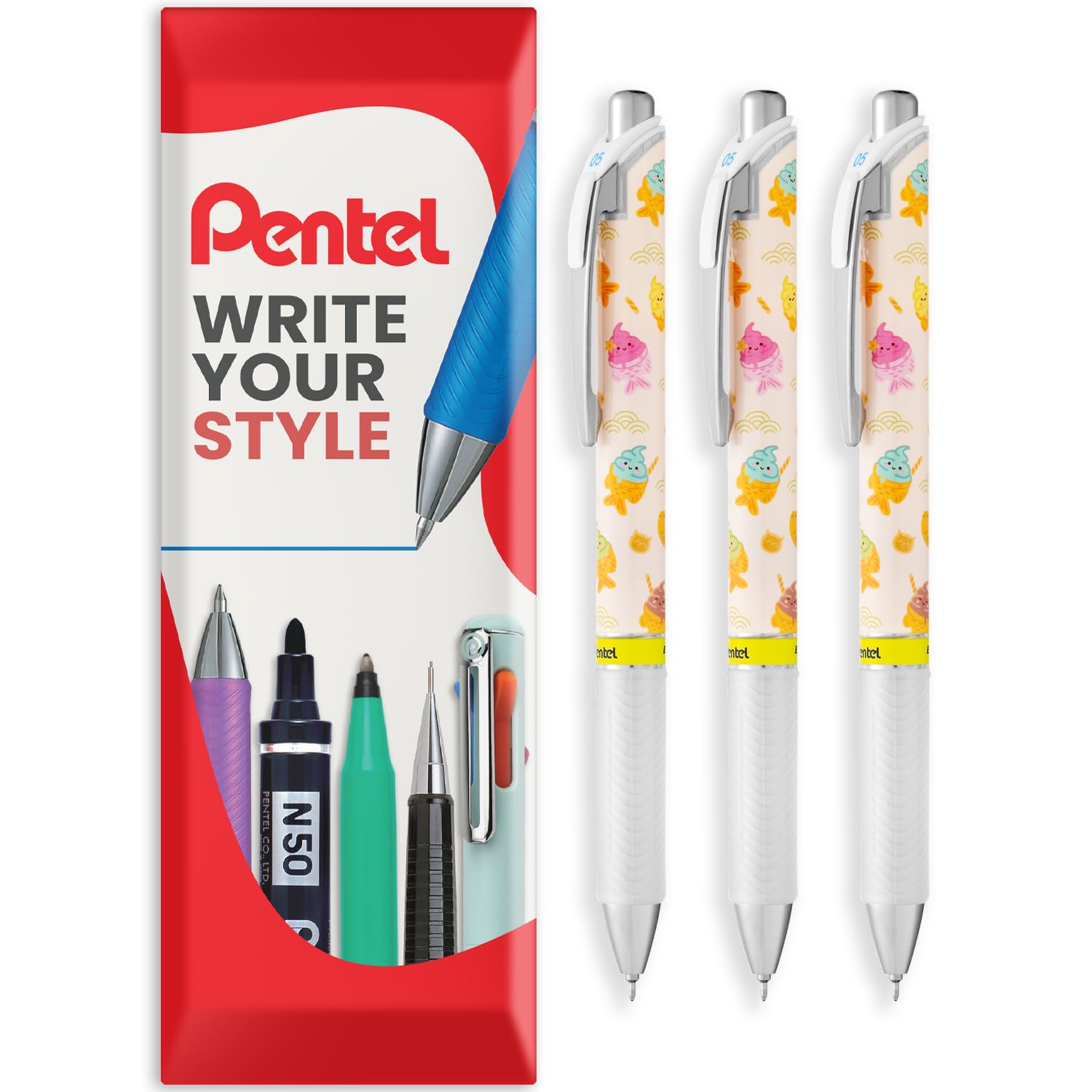 Pentel Energel BLN75 Retractable Gel Ink Rollerball Pen - 0.5mm - 54% Recycled - Black Ink - In Envelope Gift Packaging (3 Pack, Taiyaki)