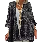 Gidionluck Women's Sequin Open Front Blazer Long Sleeve Cardigan Jacket Shiny plus size