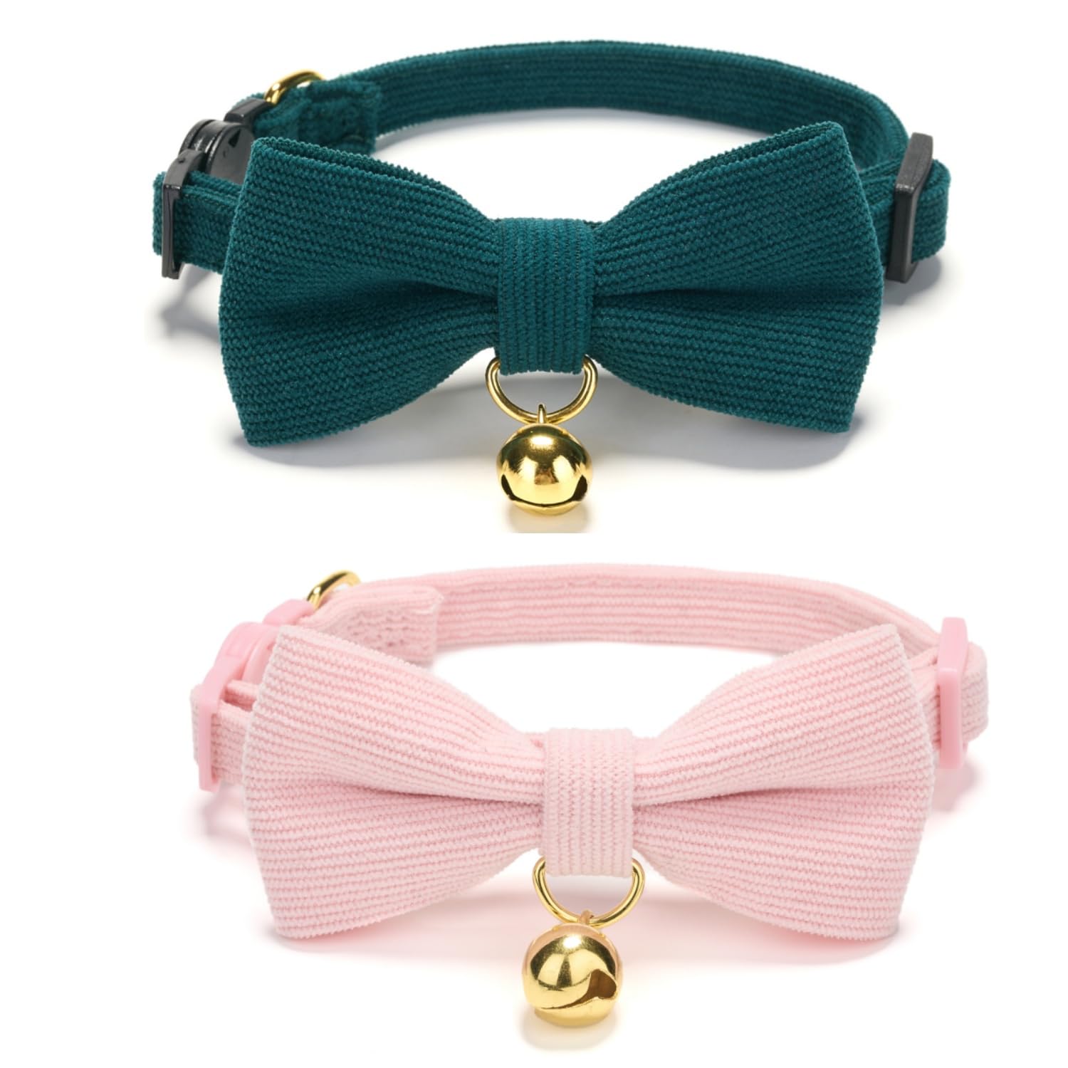 Cute Cat Collars With Bow,Quick Release Safty Buckle with Bells,Soft and Comfy Cordoroy Material in Pink and Green Pack of 2 — image 1