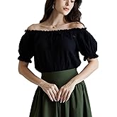 SCARLET DARKNESS Peasant Blouse for Women Off Shoulder Puff Sleeve Cotton Loose Summer Tops