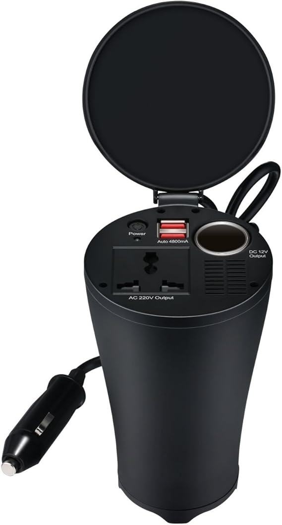 Car cup holder power inverter DC 12V to AC 230 V, 3in1 car charger w