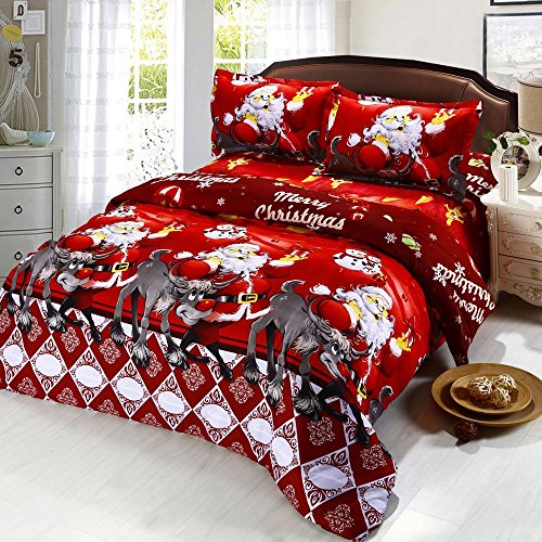 Anself 4PCS 3D Printed Cartoon Merry Christmas Santa Claus Comfort Bedding Sets, Bed Sheet + Quilt Cover + Pillow case