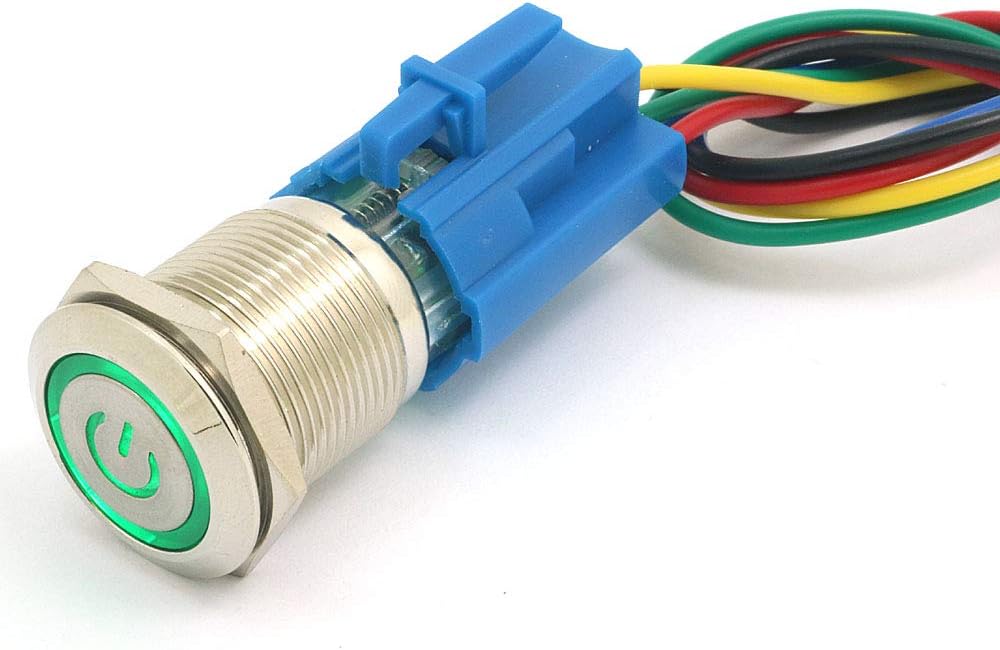 DollaTek 19mm 12V Momentary Switch Push Button Switch Power Symbol Angel Eye LED Light Metal Push Button with Plug Wire - Green - Image 4