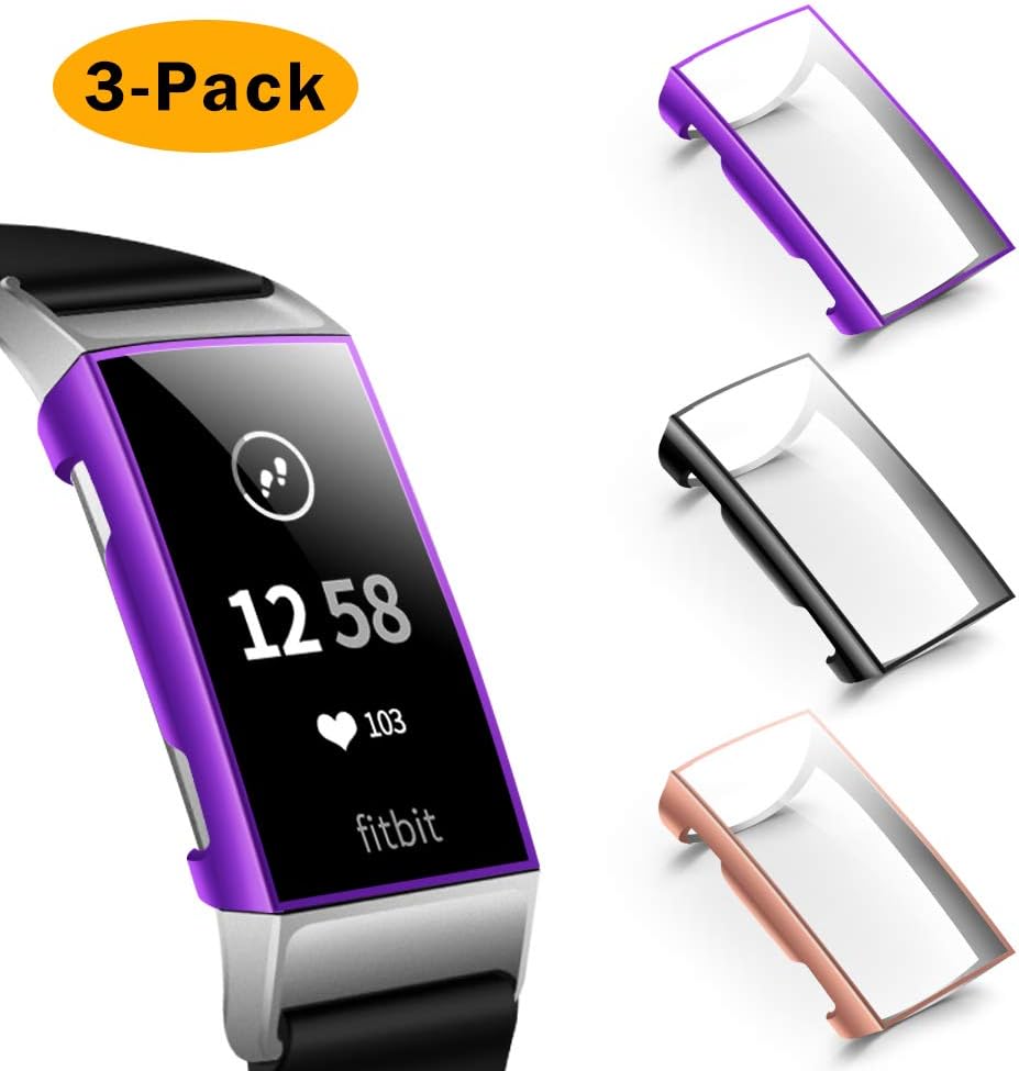 XIMU Compatible with Fitbit Charge 3 Screen Protector Case [3-Pack], Chargeable Protective Case Bumper Flexible TPU Slim Full Protection Screen Case Cover (purple,black,rose gold)