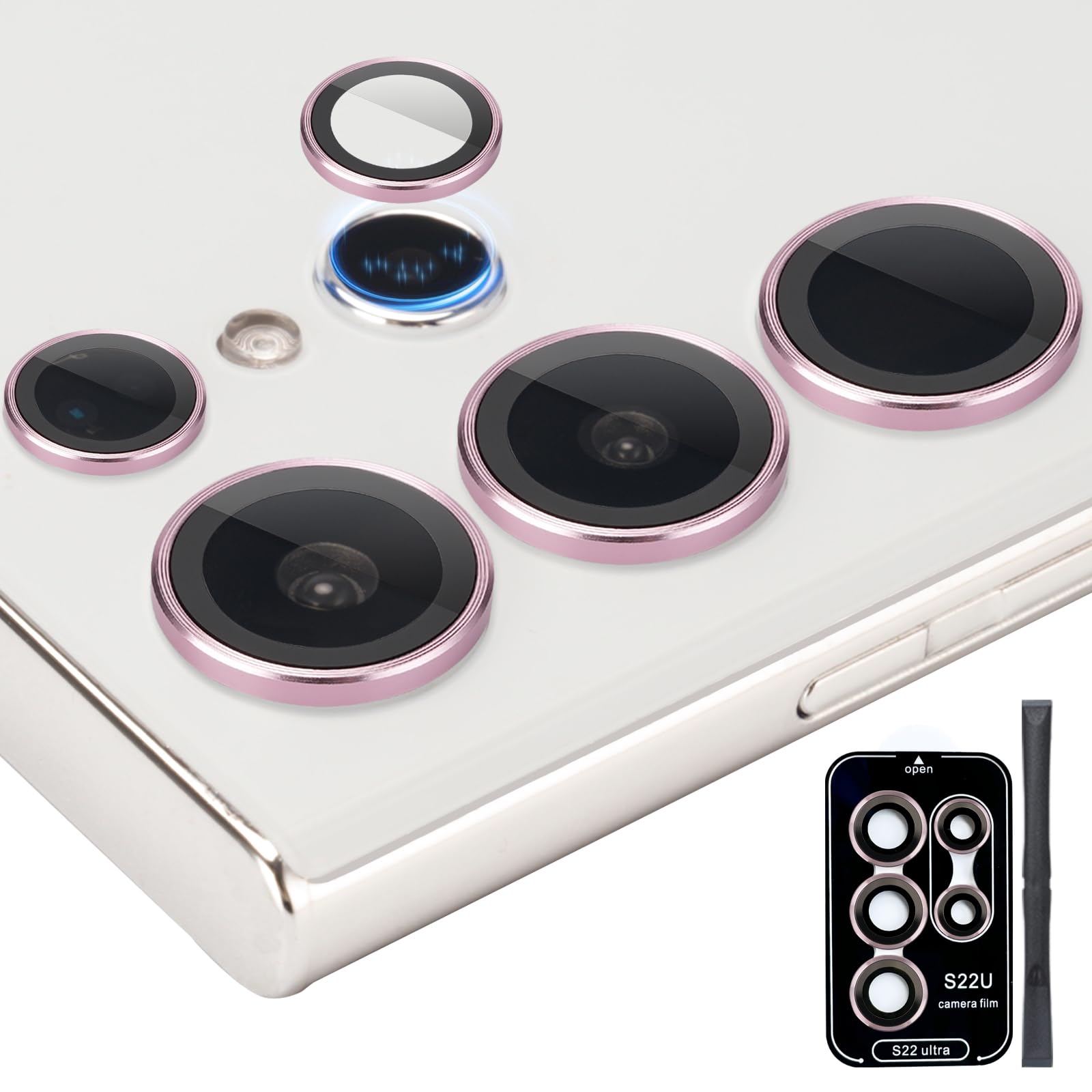 Zevytop Camera Lens Protector for Samsung Galaxy S22 Ultra, Individual Tempered Glass Aluminum Alloy Ring Lens Cover with Installation Tray Fit for Samsung Galaxy S22 Ultra Pink