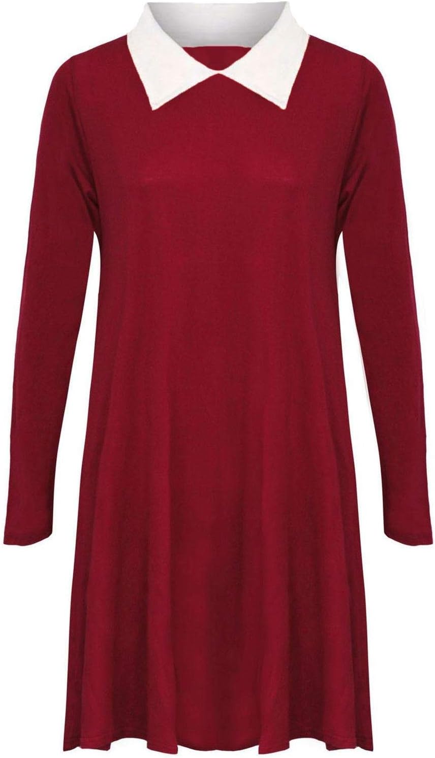 RIDDLED WITH STYLE Womens Full Sleeves Peter Pan Flared Swing Dress Ladies Contrast Collar Dress#(Wine Long Sleeve White Collar Plain Swing Dress#UK 12-14#Womens)