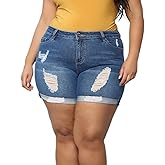 Sghenr Plus Size Women's Ripped Denim Jean Shorts High Waisted Stretchy Folded Hem Short Jeans