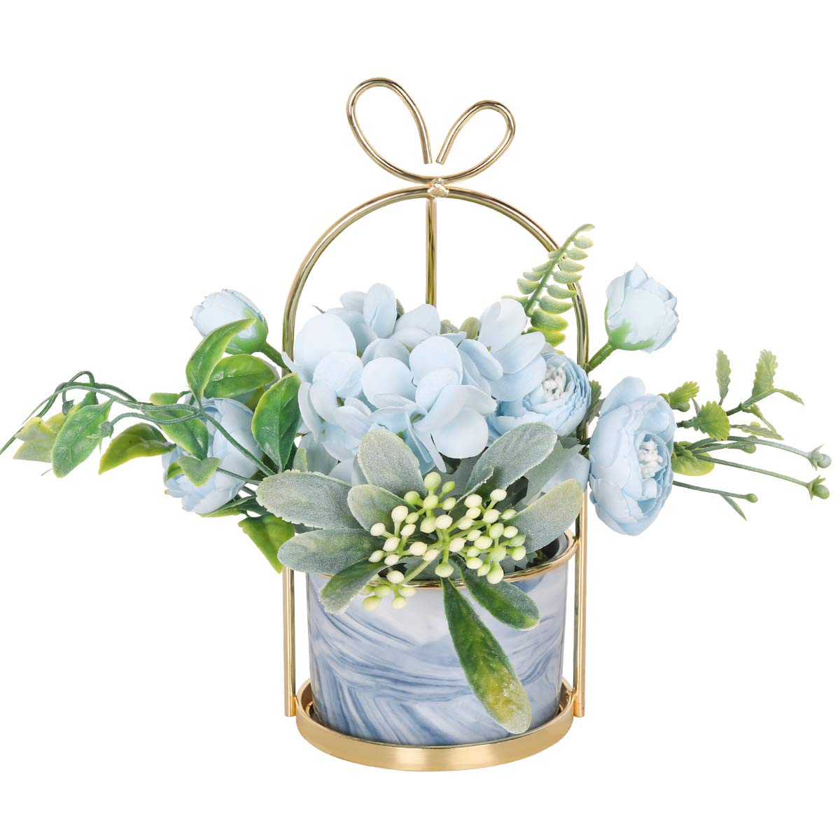 Hobyhoon Artificial Silk Flowers with Vase Fake Hydrangea & Chrysanthemum Floral Arrangement for Home Wedding Decor, Table Centerpiece, Living Room Desk Decoration