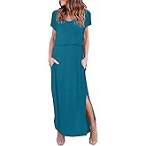 Ekouaer Women's Nursing Dress Summer V Neck Short Sleeve Maternity Split Long Dresses for Breastfeeding with Pockets S-XXL