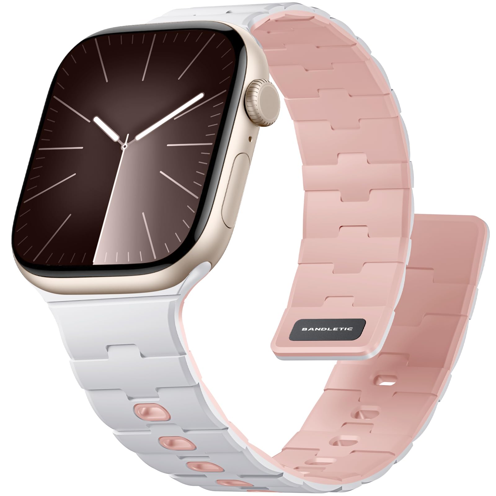 Photo 1 of Bandletic Magnetic Silicone Watchband Compatible with Apple Watch Bands for Women 40mm 41mm 42mm(Series 11 10) 38mm, Sport Magnet Strap Replacement for iWatch Series 9 8 7 6 5 4 SE 3 2 1, White/Pink
