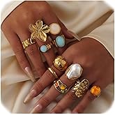 UYY Chunky Gold Rings for Women Non Tarnish, Baroque Pearl Flower Tiger's Eye Stone Rings Adjustable Stacking Statement Rings Set Fashion Jewelry Gifts