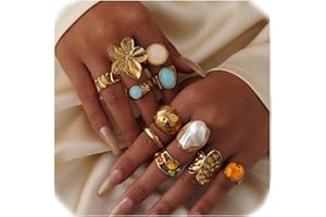 UYY Chunky Gold Rings for Women Non Tarnish, Baroque Pearl Flower Tiger's Eye Stone Rings Adjustable Stacking Statement Rings Set Fashion Jewelry Gifts