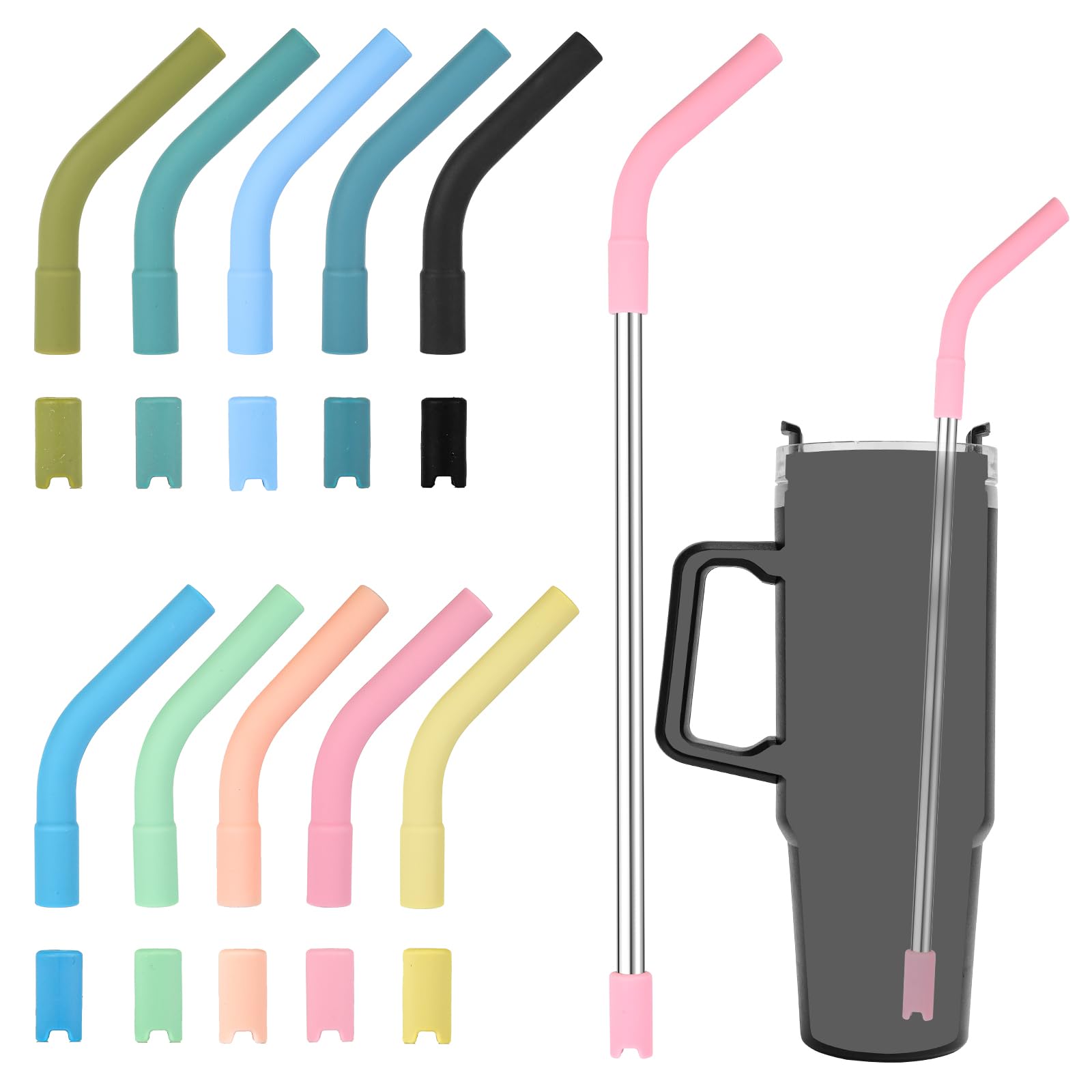 20pcs Silicone Straw Tips and Pedestals for Metal Straws, Including 10 Straw Tips 10 Bases 2 Stainless Steel Straws Silicone Extender Tip for Straw Fit for 8-10mm Diameter Straws for Stanley Cup