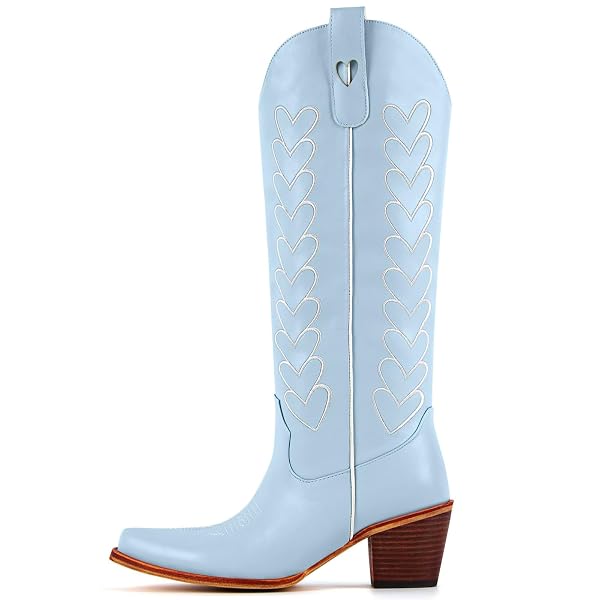 YOLKOMO COWBOY BOOTS FOR WOMEN BLUE KNEE HIGH COWGIRL BOOTS WITH HEARTS SQUARE TOE LOW BLOCK HEEL PULL-ON LEATHER DISTRESSED WESTERN HEART EMBROIDERED BLUE BOOTIES SIZE 10