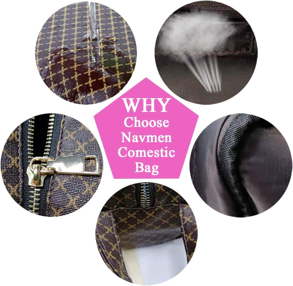 Large Travel Cosmetic Bag Organizer Toiletry Bag Portable Makeup Bag for Women Girls PU Leather Metal Zipper for Business School Sating Shopping (Brown)